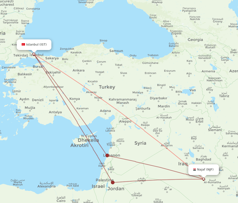 IST to NJF flights and routes map