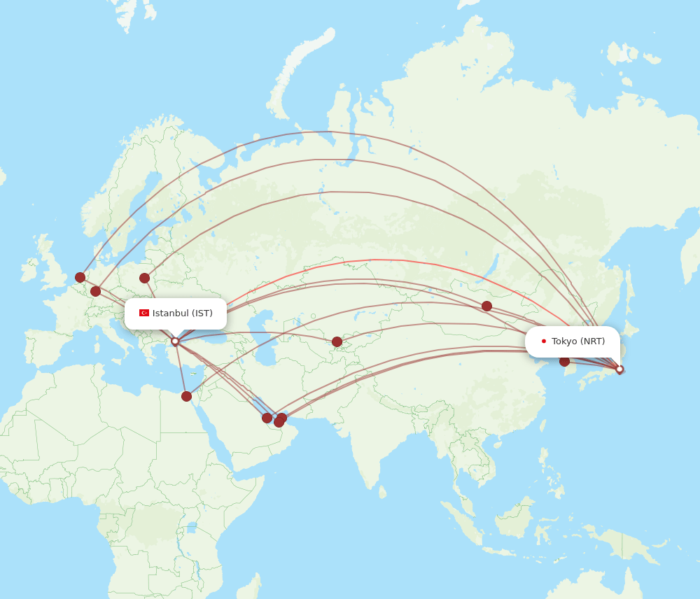 IST to NRT flights and routes map