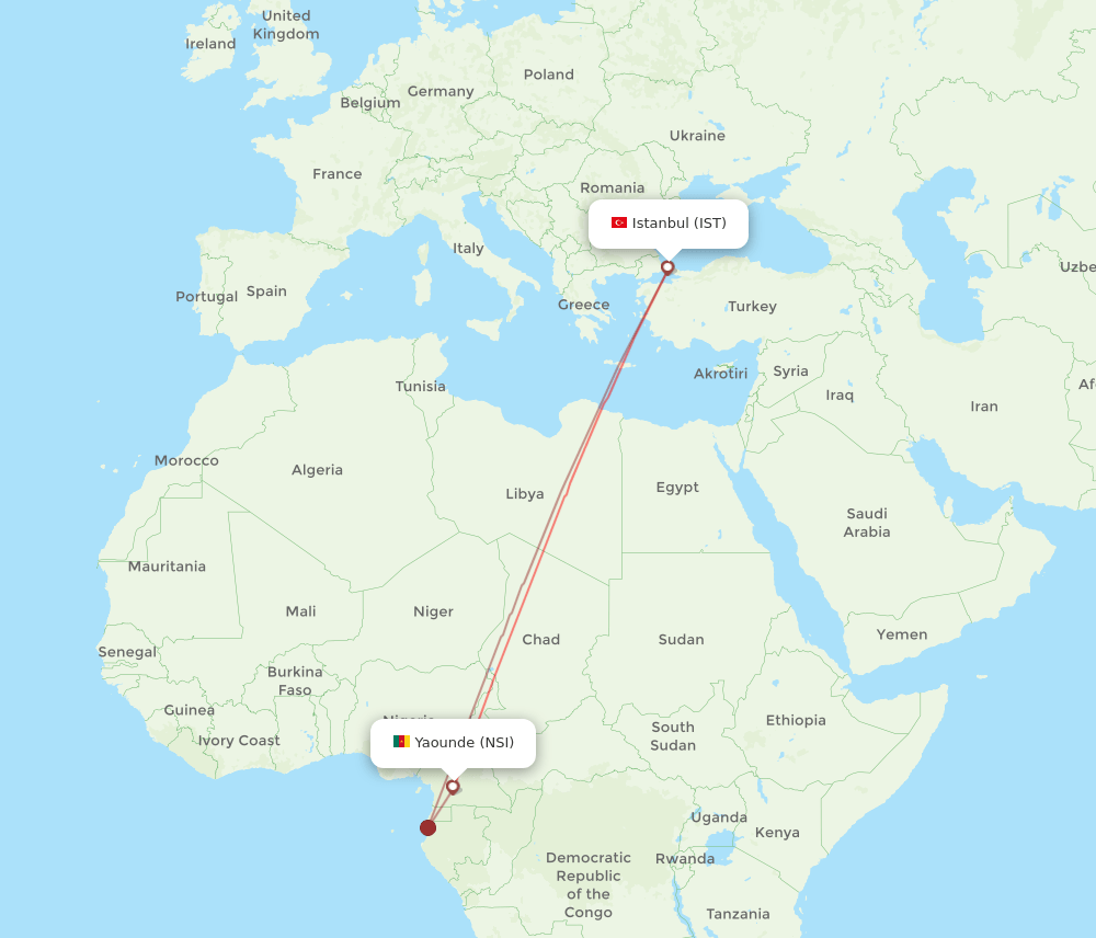 Istanbul - Yaounde route map and flight paths