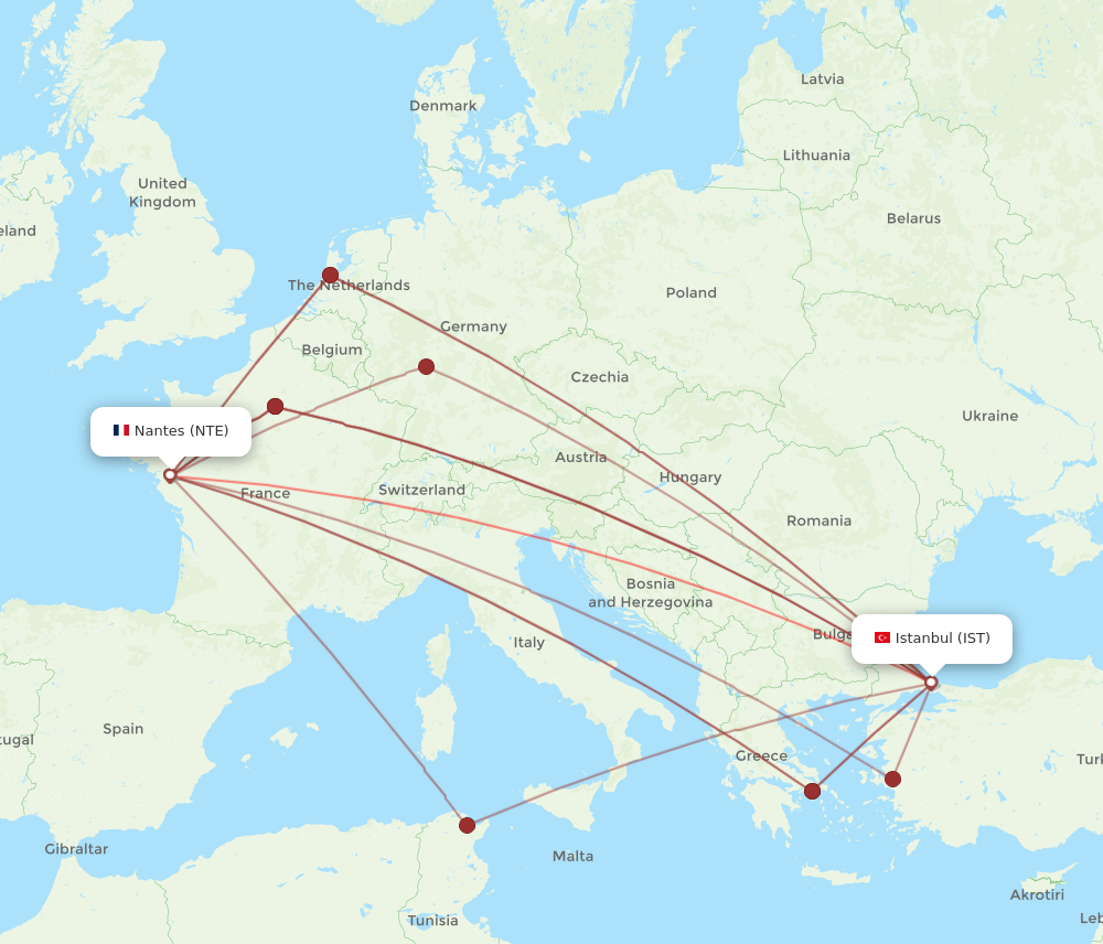 IST to NTE flights and routes map