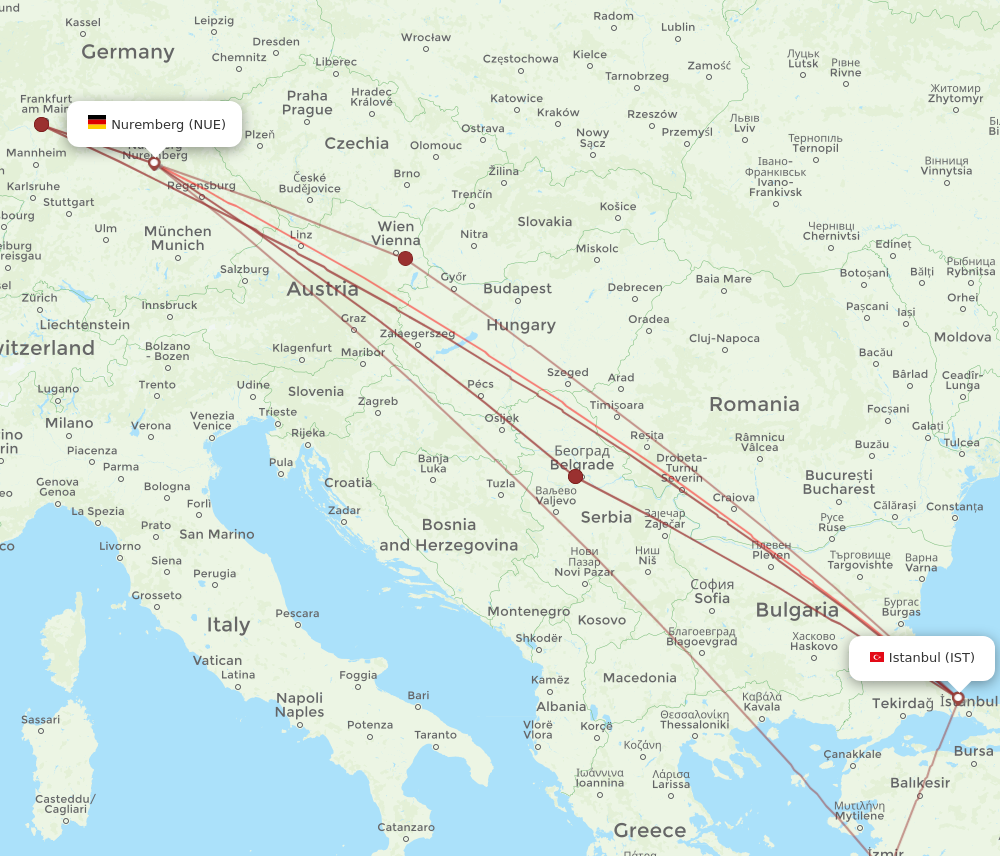IST to NUE flights and routes map