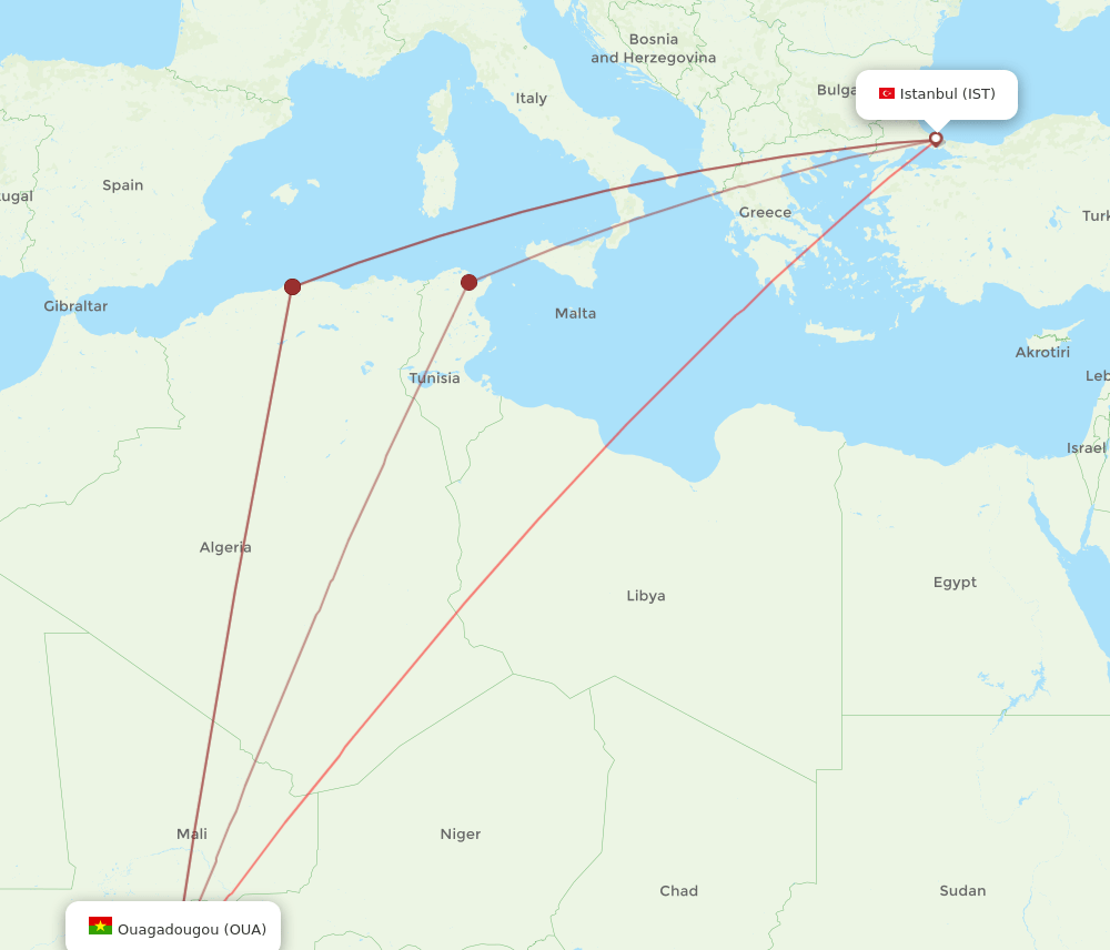 IST to OUA flights and routes map