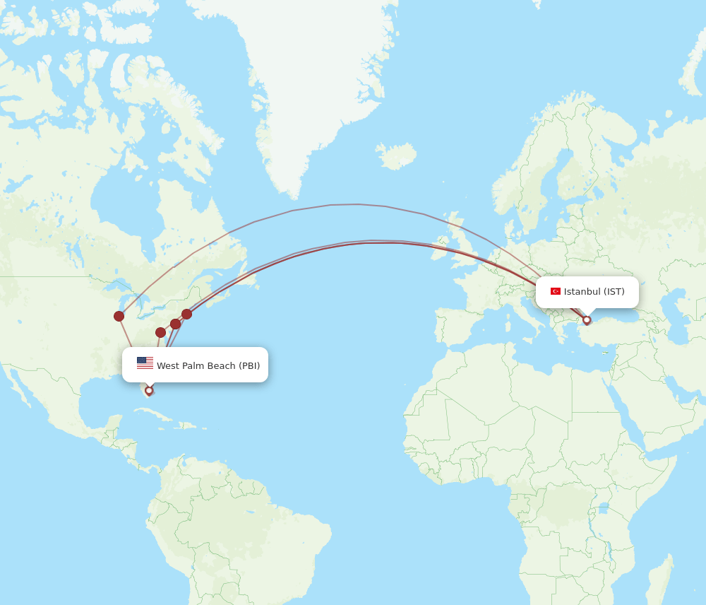 IST to PBI flights and routes map