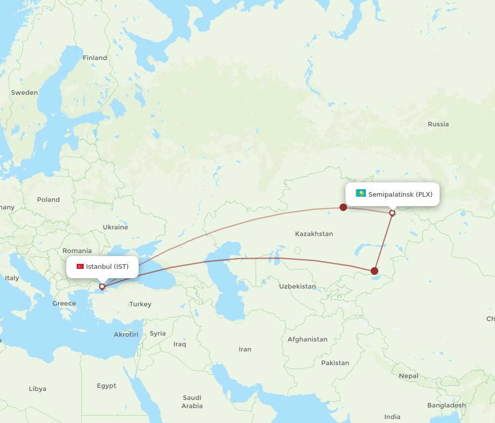 Istanbul - Semipalatinsk route map and flight paths