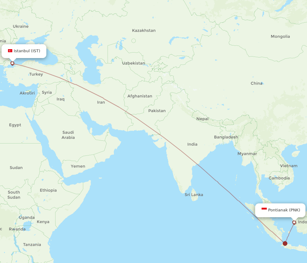 Istanbul - Pontianak route map and flight paths