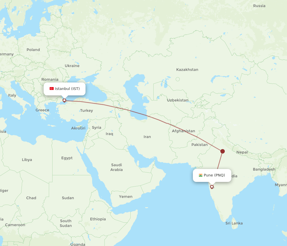 IST to PNQ flights and routes map