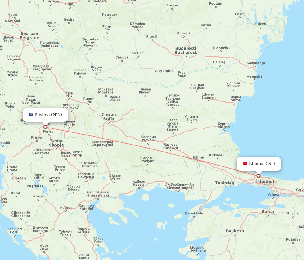 Istanbul - Pristina route map and flight paths