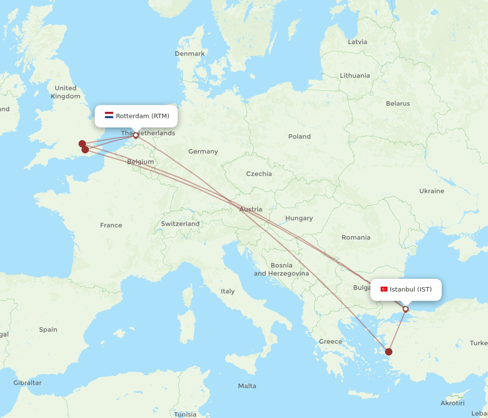 IST to RTM flights and routes map