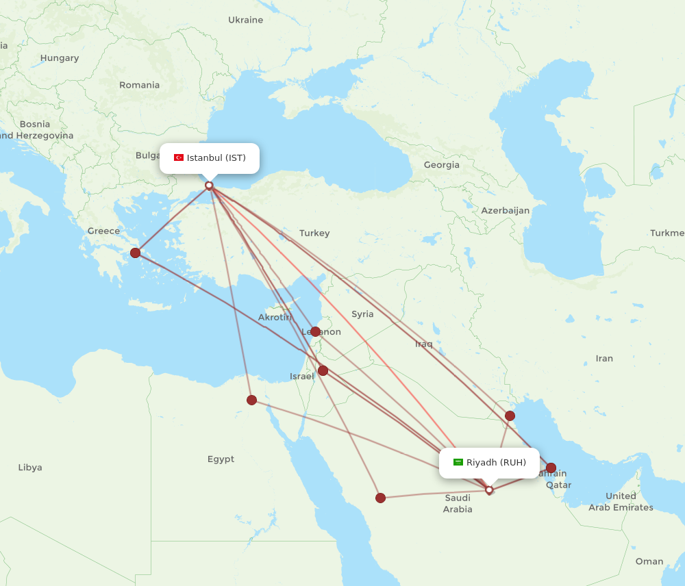 IST to RUH flights and routes map