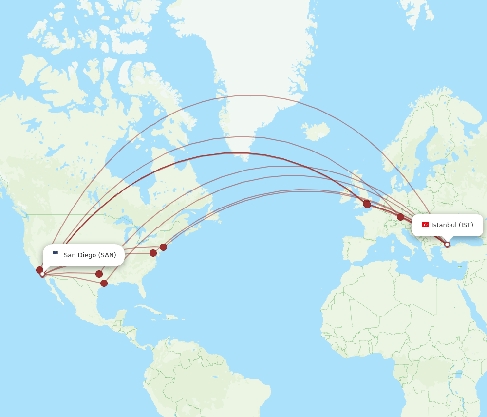 IST to SAN flights and routes map