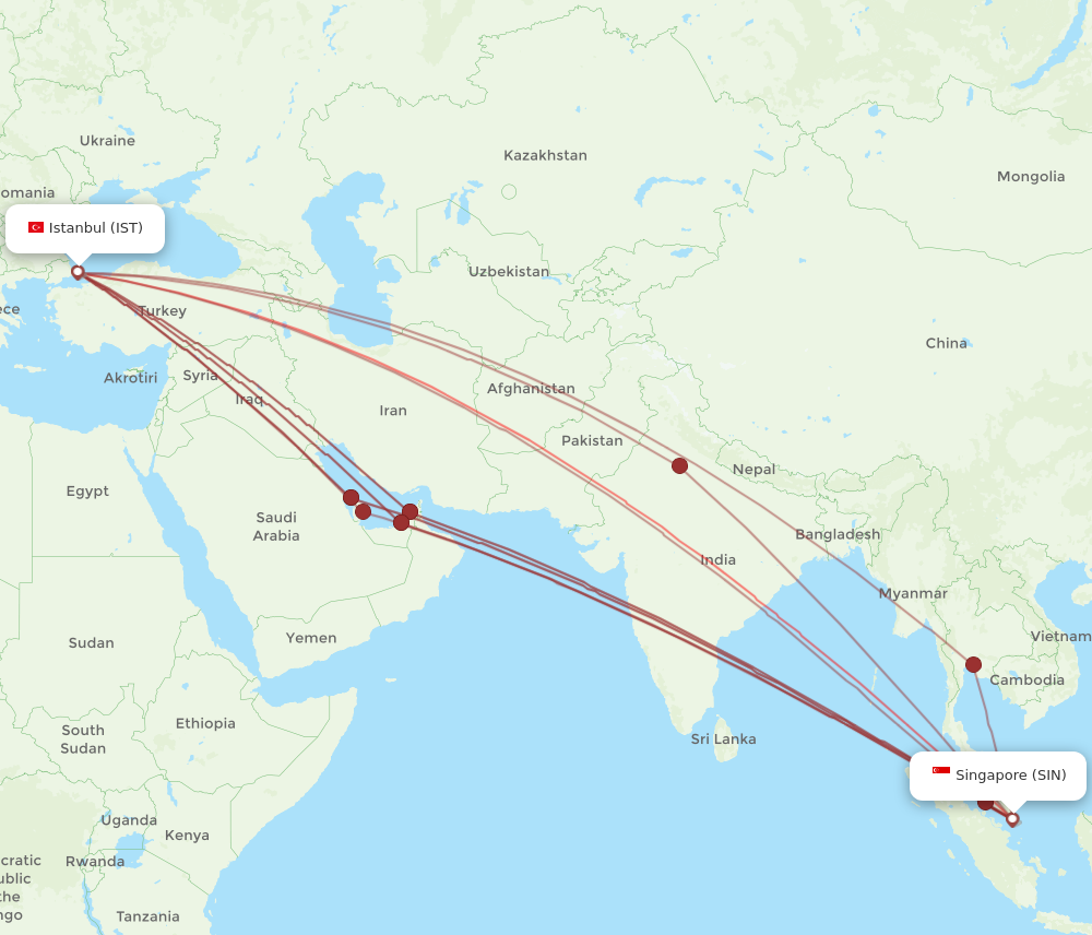 IST to SIN flights and routes map