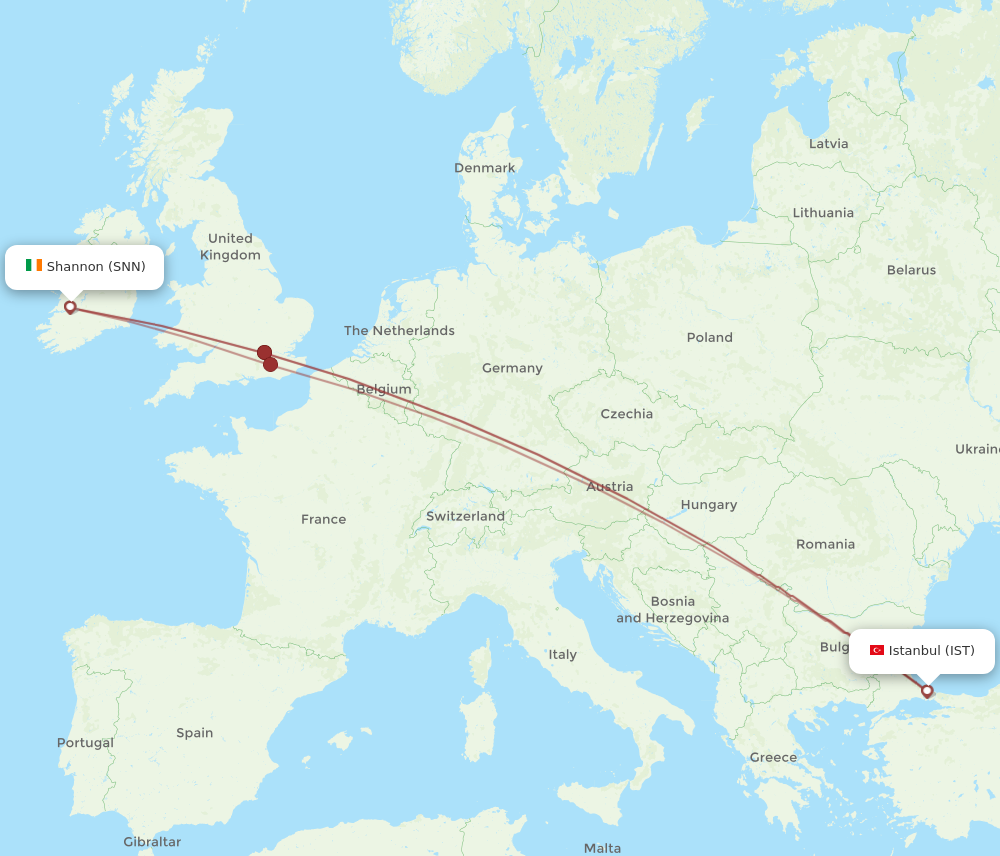 IST to SNN flights and routes map