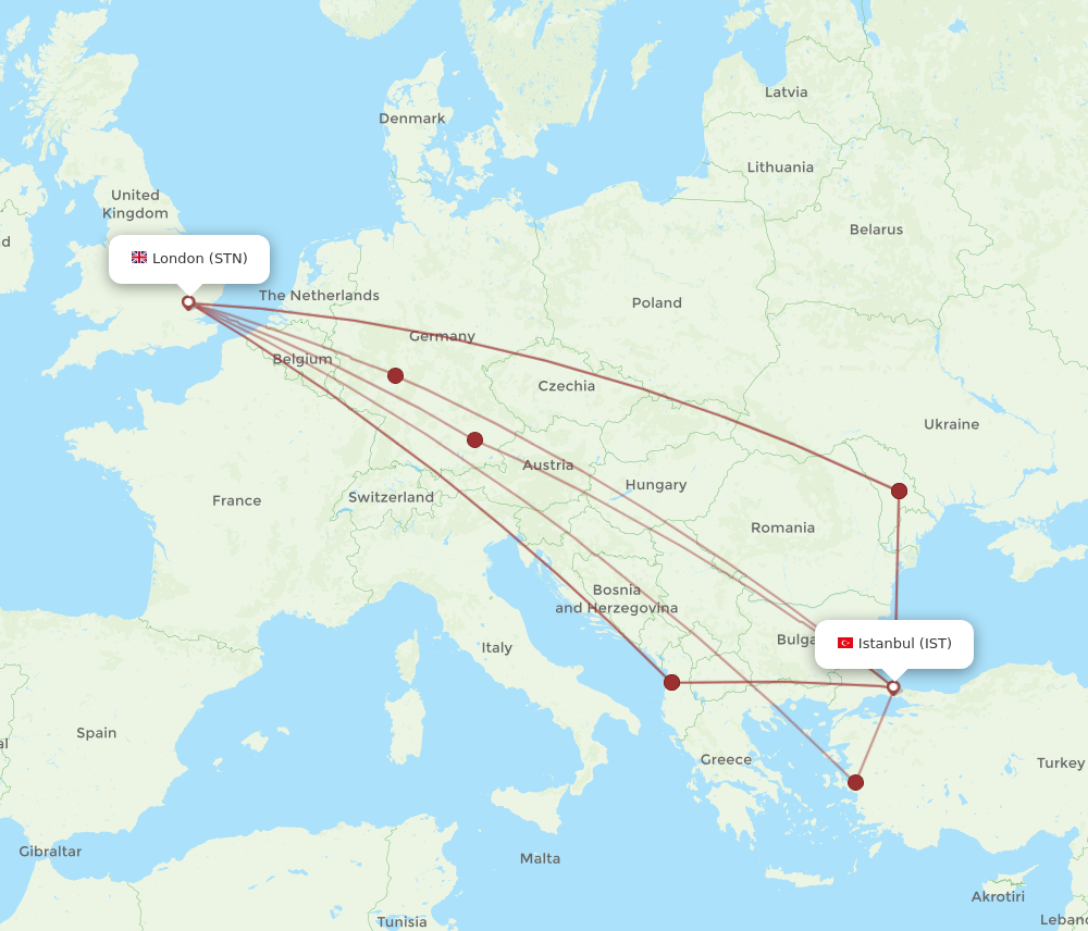 IST to STN flights and routes map