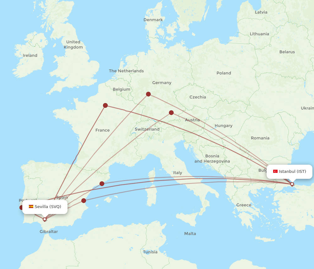 IST to SVQ flights and routes map