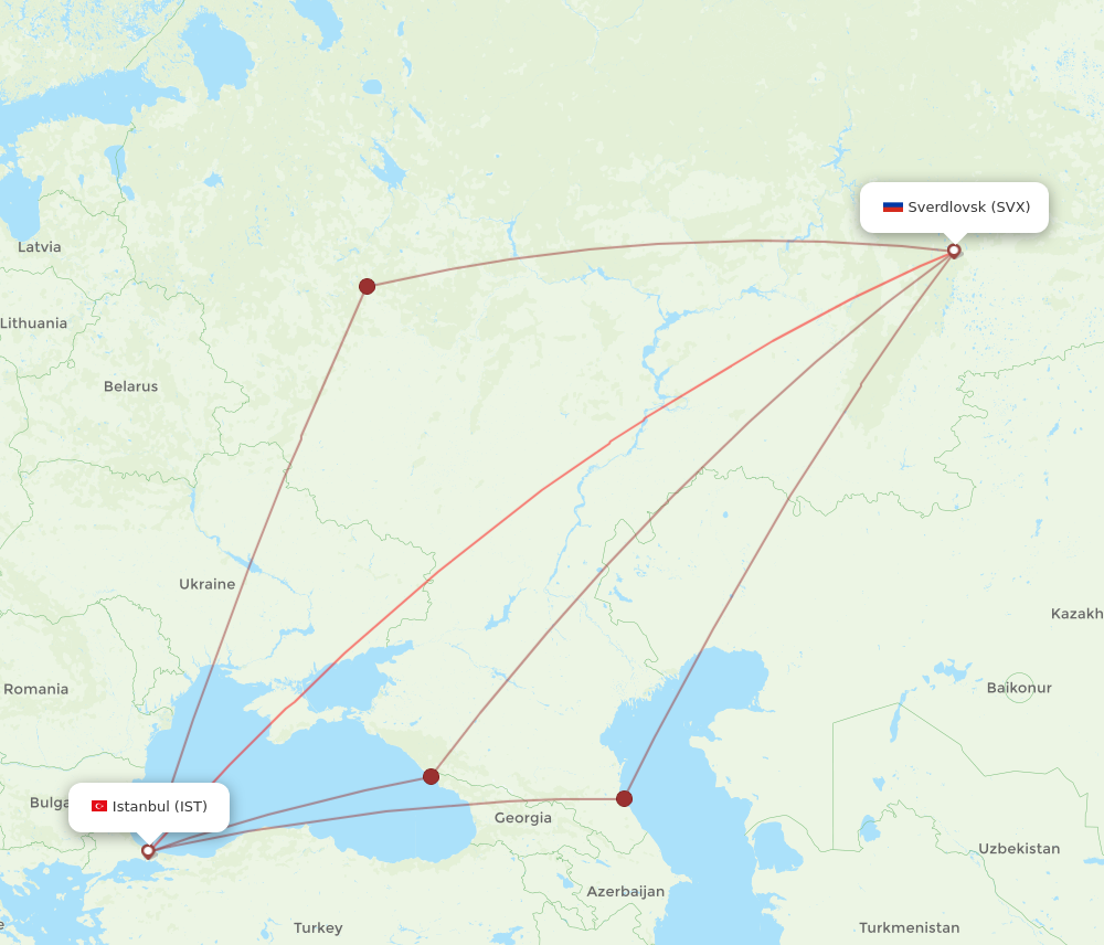 IST to SVX flights and routes map