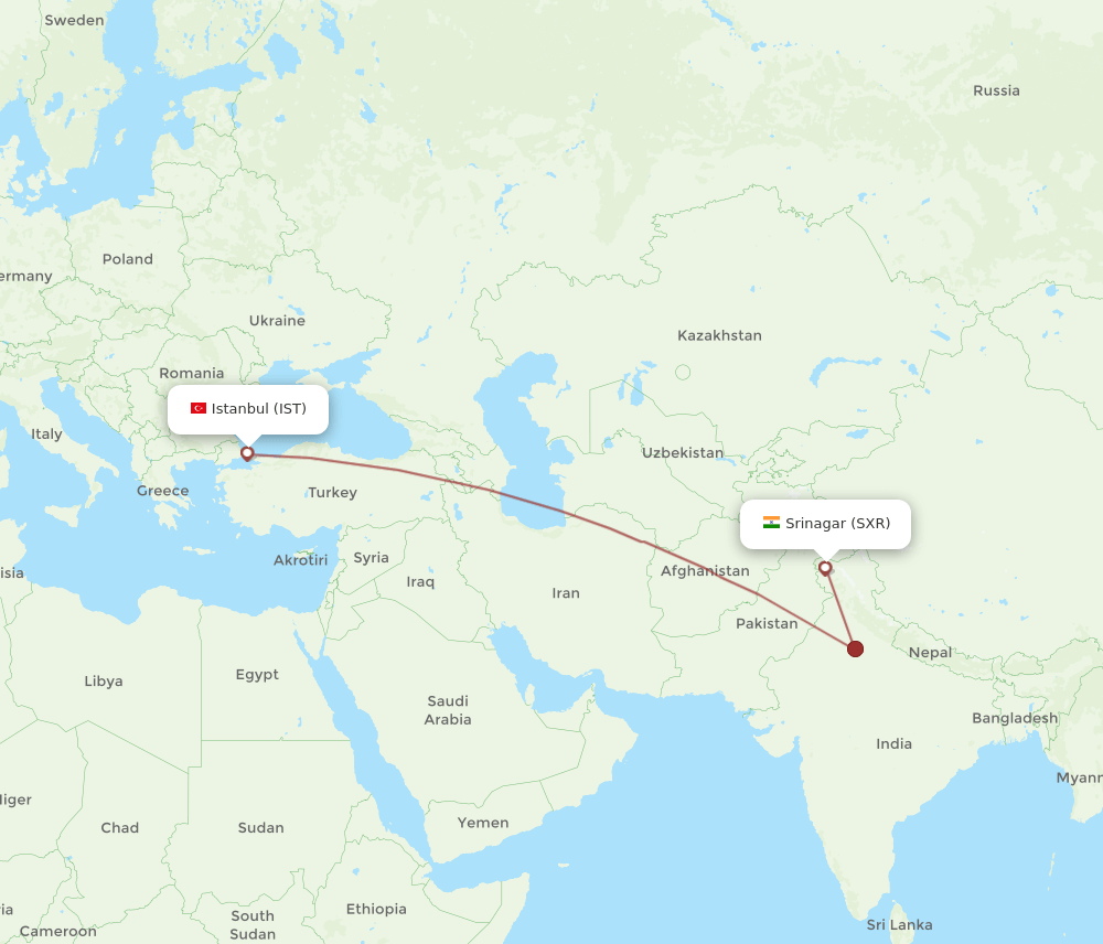IST to SXR flights and routes map