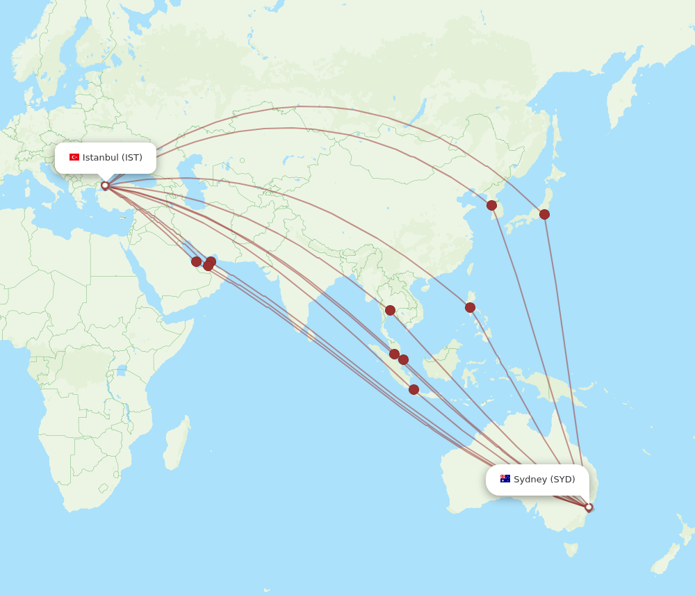 IST to SYD flights and routes map