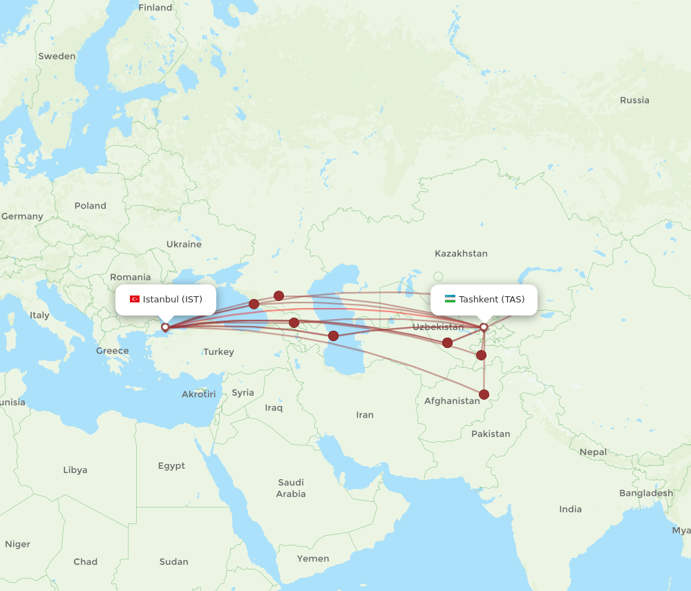 IST to TAS flights and routes map