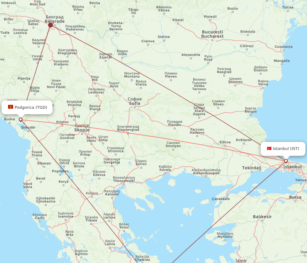 IST to TGD flights and routes map