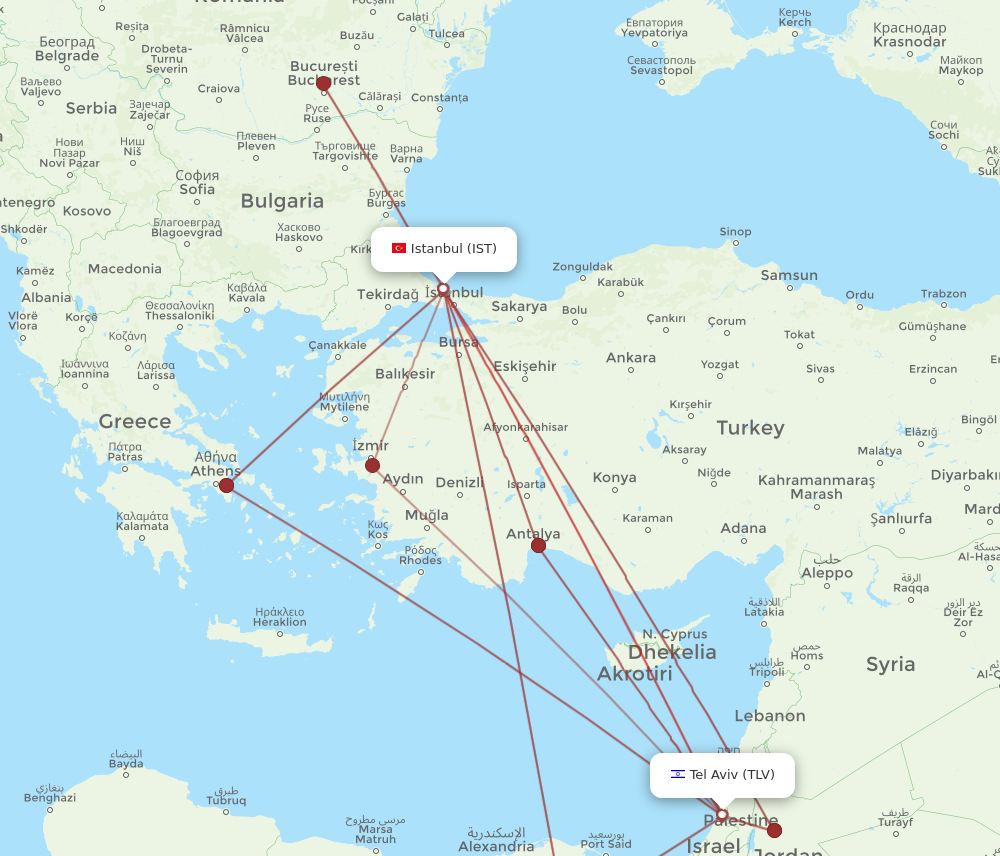 IST to TLV flights and routes map