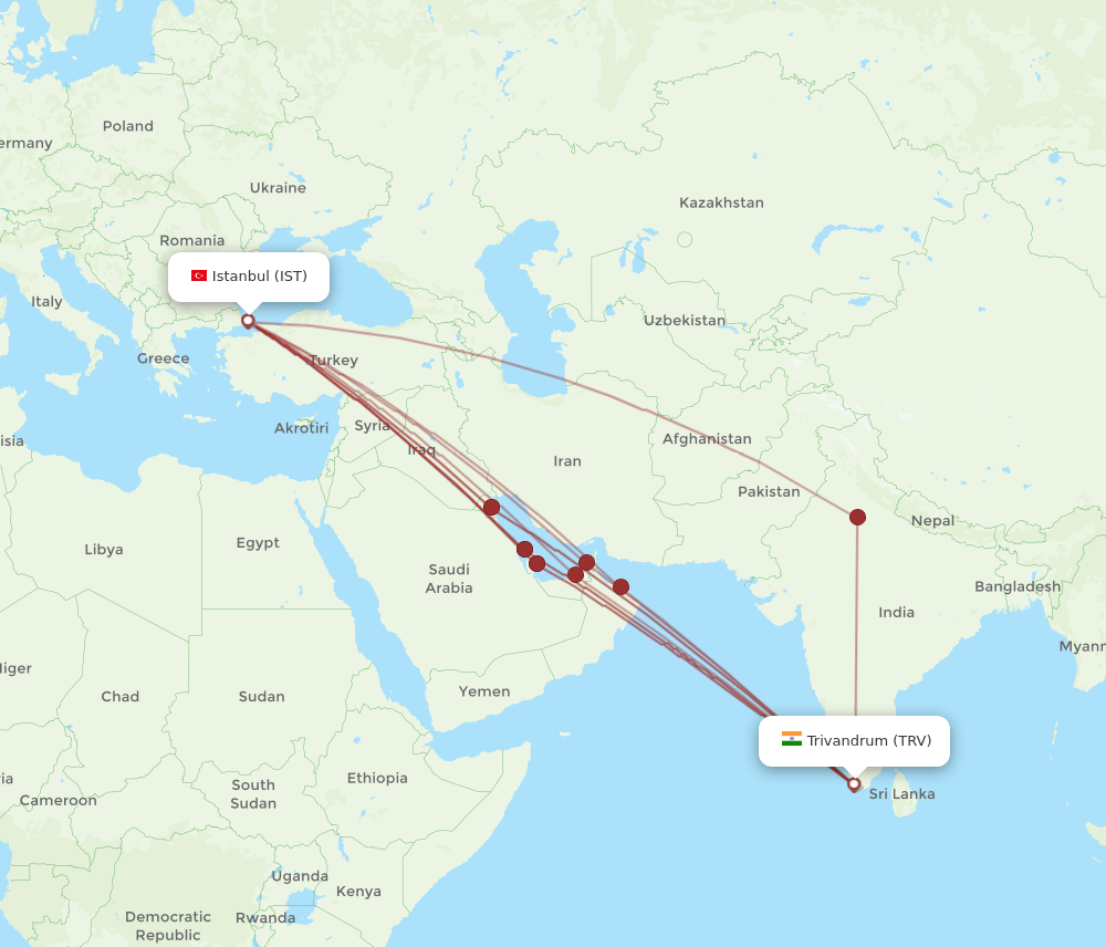 IST to TRV flights and routes map