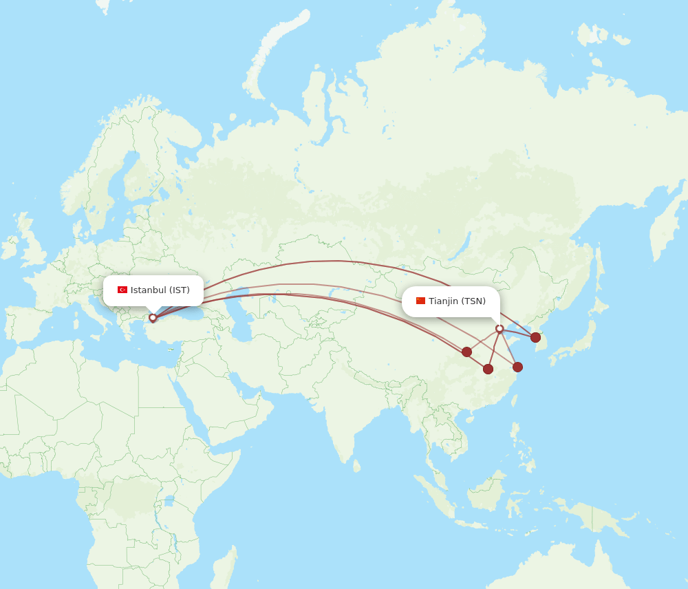 IST to TSN flights and routes map