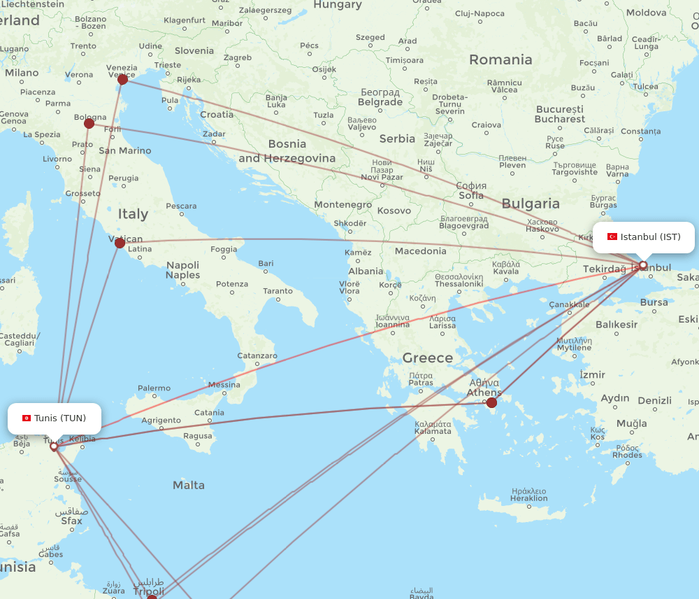 IST to TUN flights and routes map