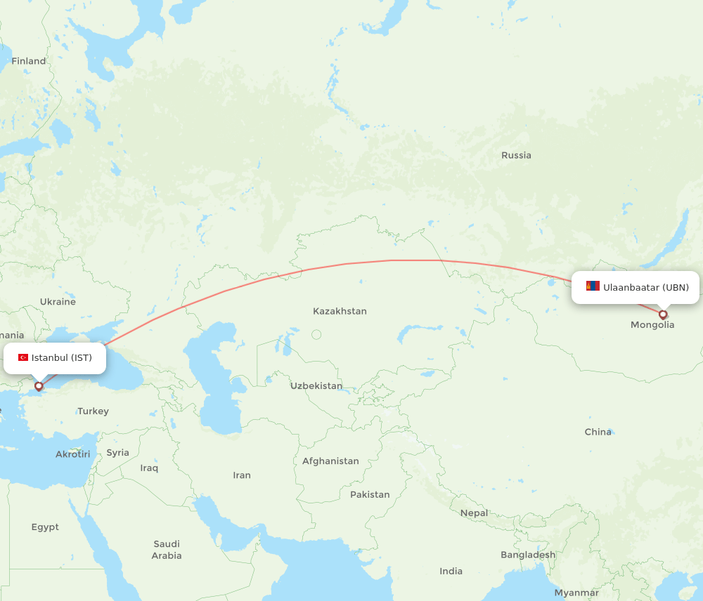 Istanbul - Ulaanbaatar route map and flight paths
