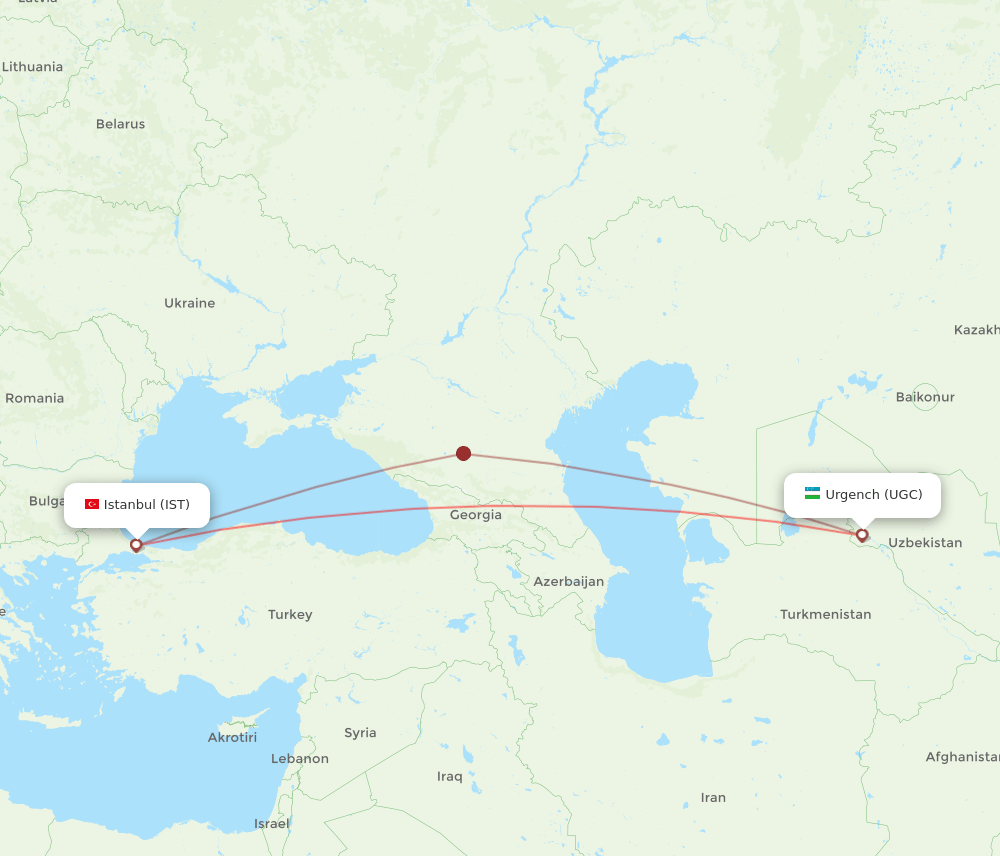 Istanbul - Urgench route map and flight paths