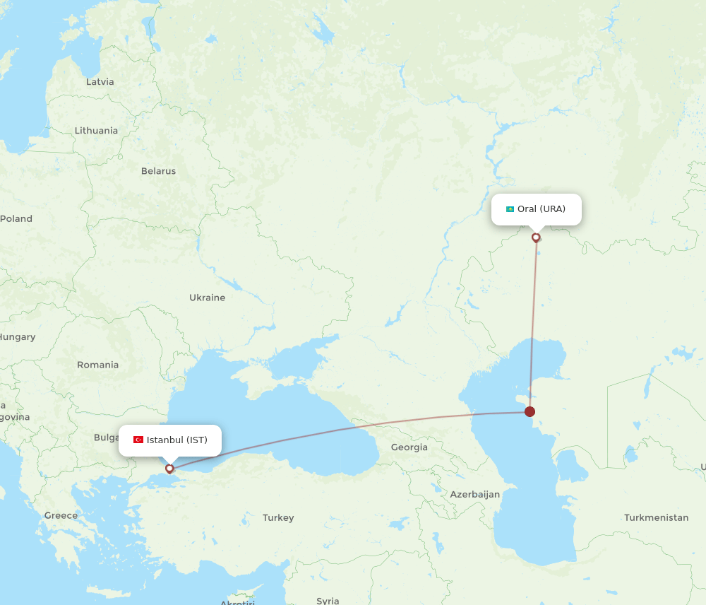 Uralsk - Istanbul route map and flight paths