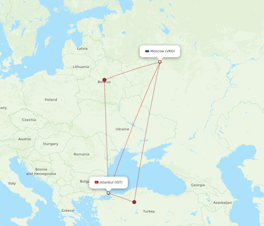 Istanbul - Moscow route map and flight paths