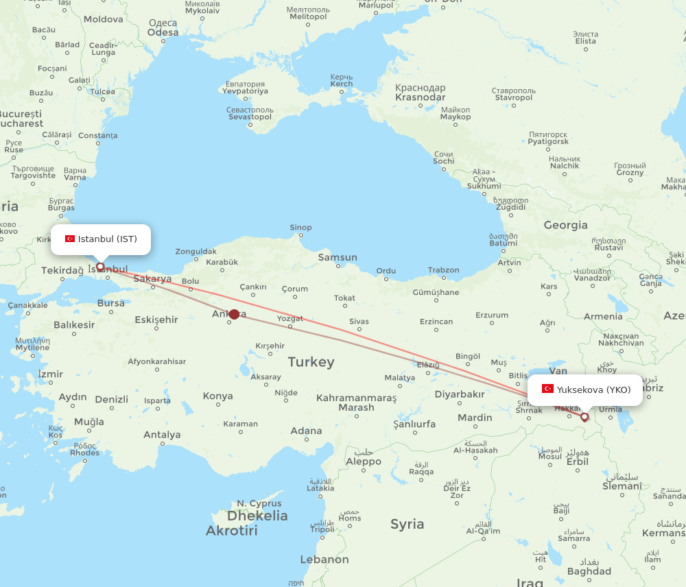 Istanbul - Yuksekova route map and flight paths