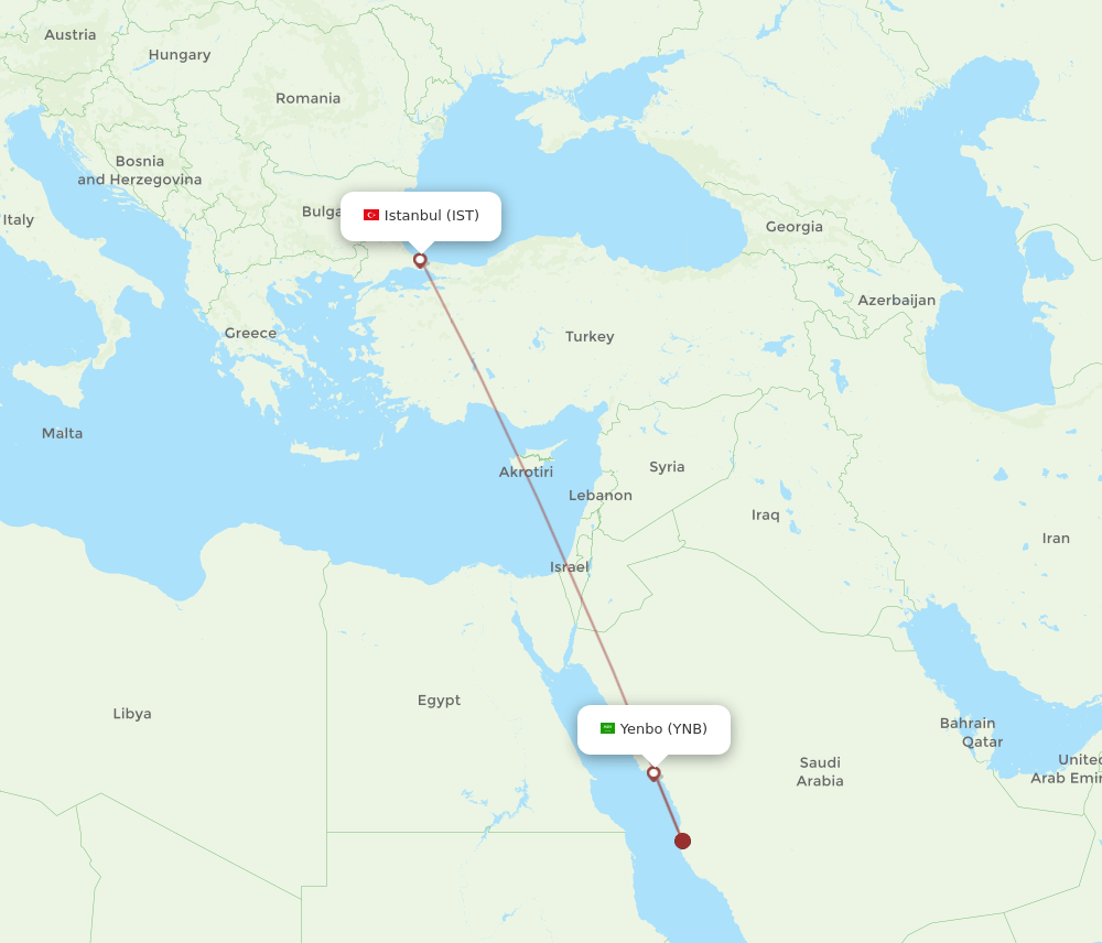 Yanbu - Istanbul route map and flight paths
