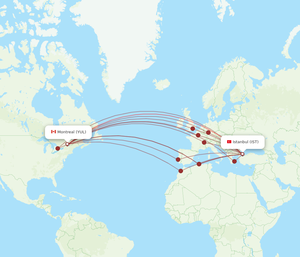 IST to YUL flights and routes map