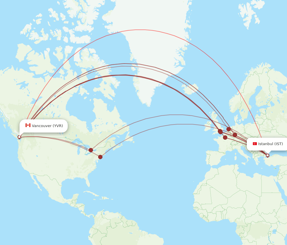 IST to YVR flights and routes map