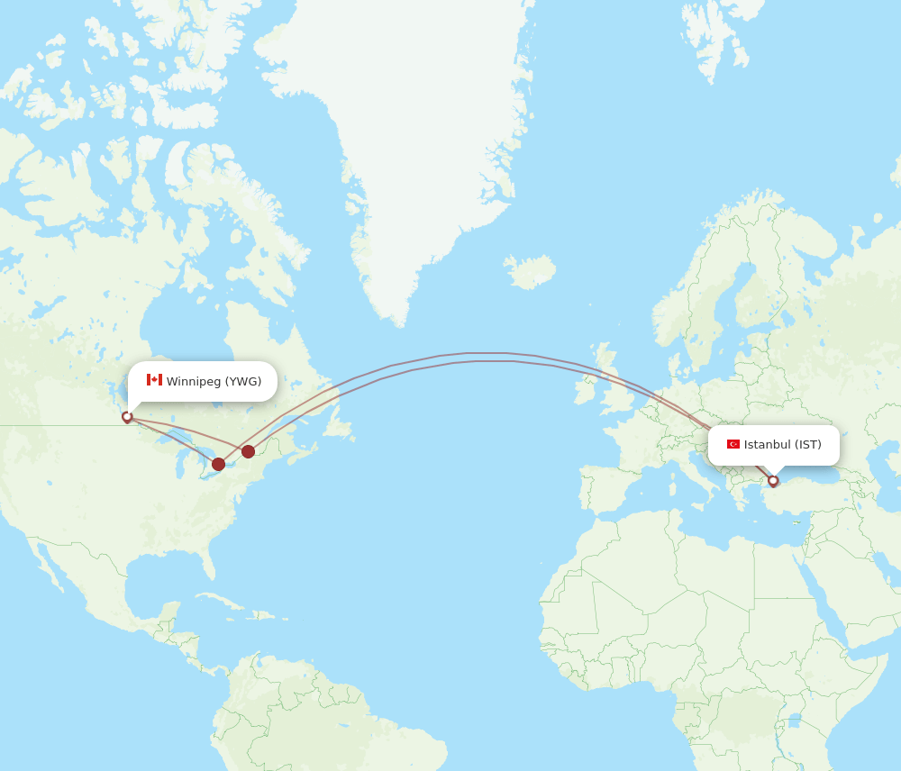 Winnipeg - Istanbul route map and flight paths