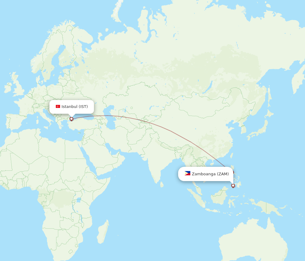 Zamboanga - Istanbul route map and flight paths