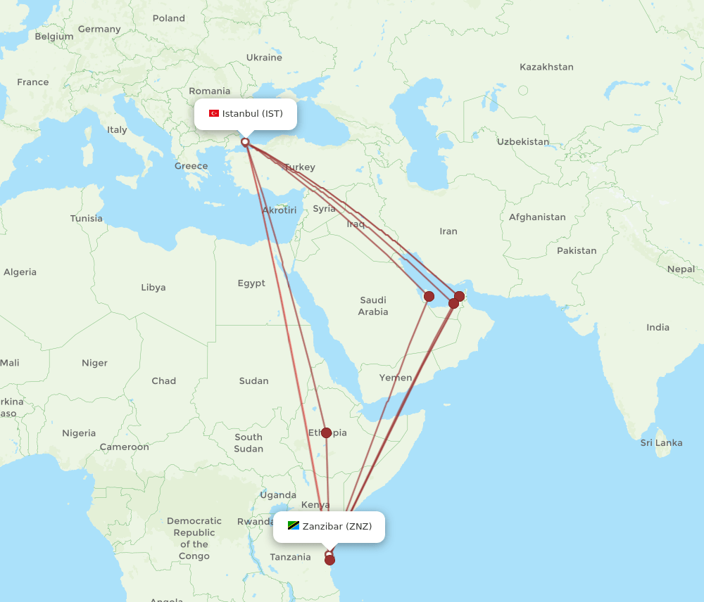IST to ZNZ flights and routes map