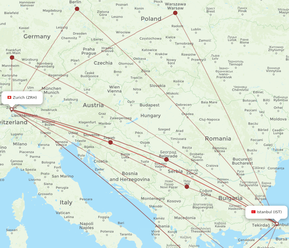 IST to ZRH flights and routes map