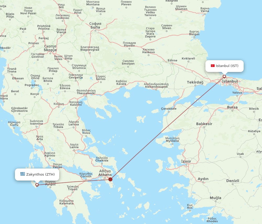 IST to ZTH flights and routes map