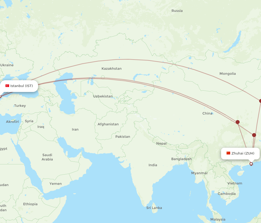 Zhuhai - Istanbul route map and flight paths