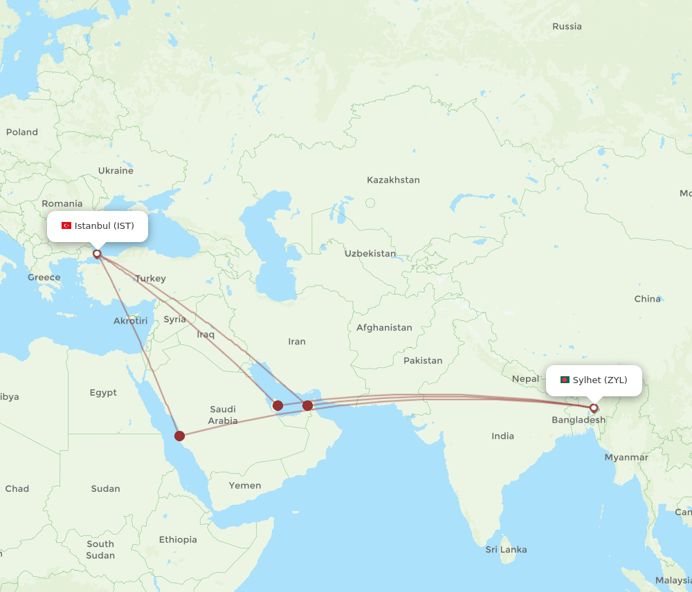 IST to ZYL flights and routes map