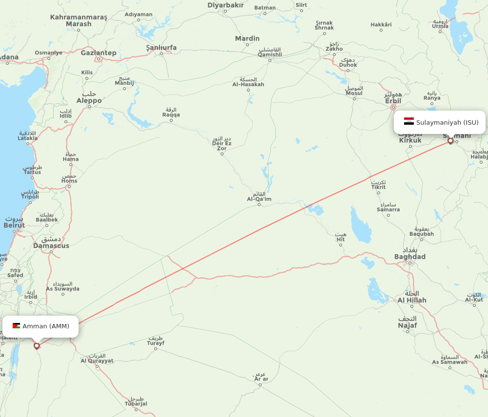 Sulaimaniyah - Amman route map and flight paths