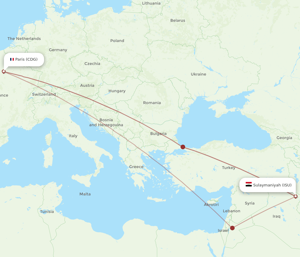 ISU-CDG flight routes