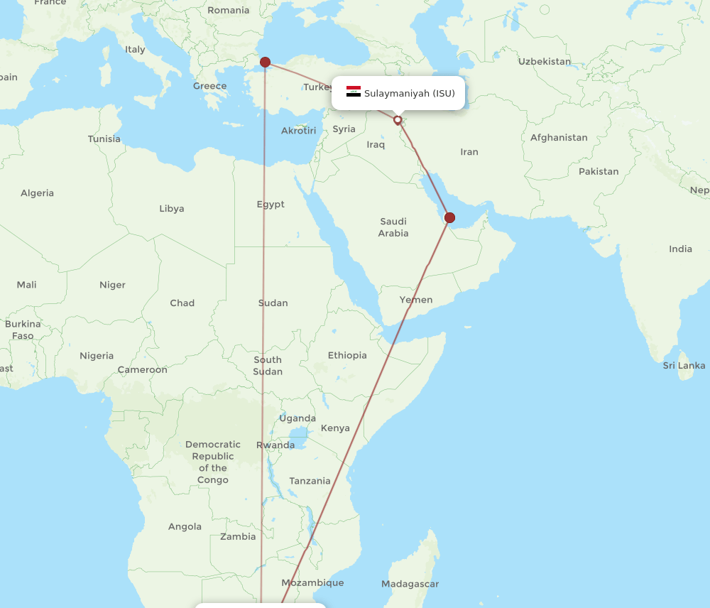 ISU to JNB flights and routes map