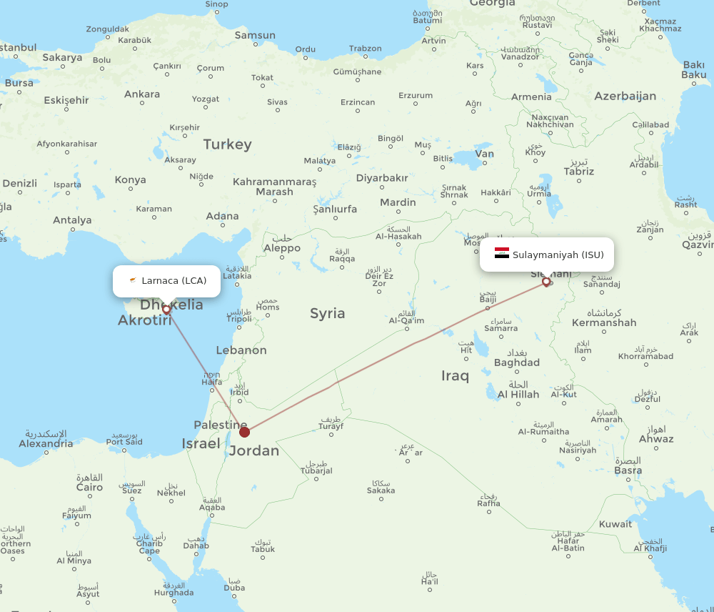 Larnaca - Sulaimaniyah route map and flight paths