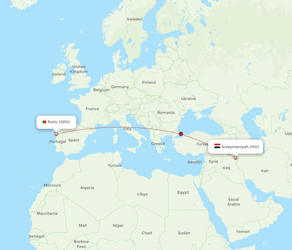 Sulaimaniyah - Porto route map and flight paths