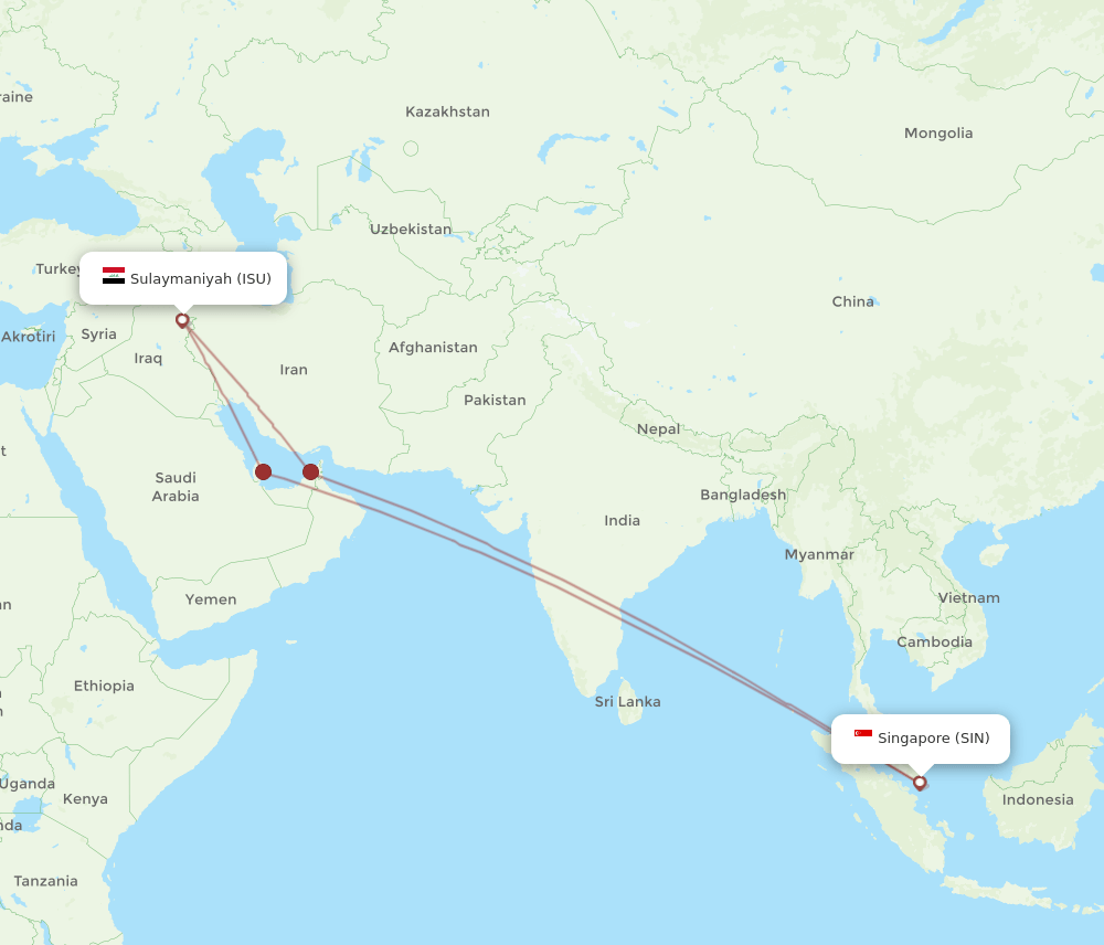 ISU to SIN flights and routes map