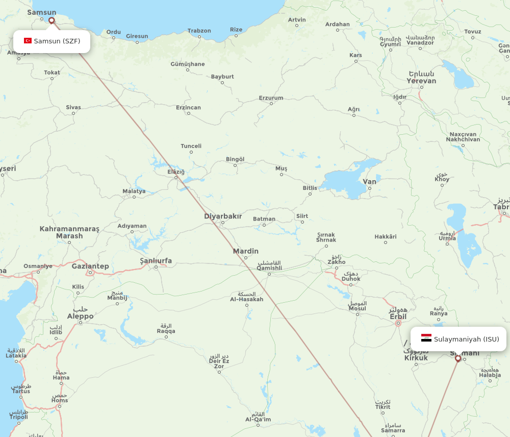 Samsun - Sulaimaniyah route map and flight paths