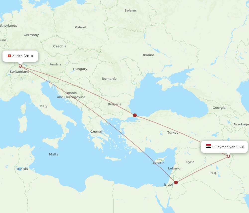 Zurich - Sulaimaniyah route map and flight paths